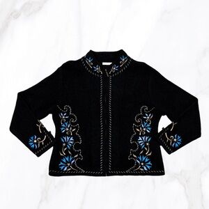 Vintage Carson Black Boiled Wool Embroidered Zip Up Long Sleeve Cardigan, Size M